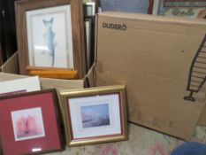 A box containing various framed prints together with a boxed Ikea Dudero lamp