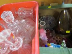 A box of mainly cut glass items together with a tray of studio glass etc