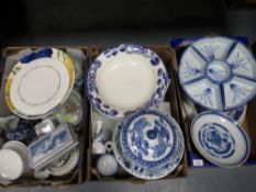 Three trays of assorted ceramics to include mainly blue/white ware