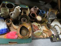 Three trays of studio pottery, metal ware etc