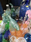 A tray of assorted glassware to include a glass lustre and collectable glass bottles