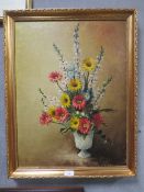 A mid century oil on canvas depicting a still life study of flowers on a table