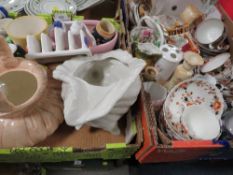 Two trays of assorted ceramics to include Indian tree vases, three vintage Staffordshire cruets etc