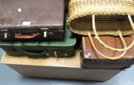 A vintage painted toy wooden chest with a quantity of vintage luggage etc