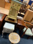 A cream painted bedside cabinet together with an oak table, cream bedside cabinet and a wine