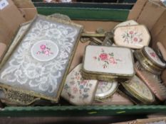 A tray of Petit point dressing table items A/F to include a jewellery box and various trays etc