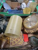Two trays of collectables to include two vintage metamec wall clocks