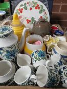A retro Midwinter coffee set, together with a retro yellow flask, studio glass jug, Royal Worcester