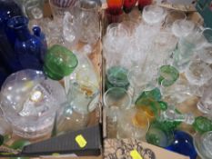 Two trays of assorted glassware to include a glass model of a head