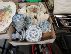 Two trays of assorted ceramics to include Copeland Reynolds together with a small tray of cutlery