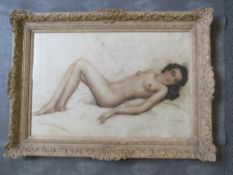 A 20TH CENTURY STUDY OF A RECLINING FEMALE NUDE, indistinctly signed lower right, watercolour,