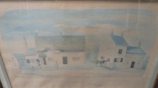 A NAIVE VILLAGE SCENE 'THE FOX INN & SMITHY', with horse, figures and sheep, indistinctly signed and