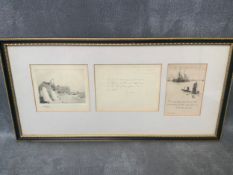 W L WYLIE (1851-1931) TWO ETCHINGS AND A HAND WRITTEN NOTE IN ONE FRAME, signed, note 10 x 13 cm