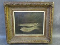 NINETEENTH CENTURY STUDY OF FISH ON A RIVERBANK, unsigned, oil on panel, framed, 15 x 19 cm