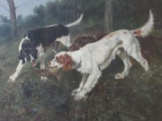 BRITISH SCHOOL (XX). A woodland scene with three game dogs, one with woodcock, unsigned, oil on