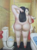 (XX) IN THE STYLE OF BOTERO, a comical study of a female nude in her bathroom, unsigned, oil