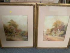 CECIL JACK KEATS (XIX-XX) PAIR OF VILLAGE SCENES WITH FIGURES, bearing monogram lower left,