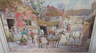 HORACE HAMMOND (XX). West Midland school, village scene with horses and figures before The Three