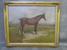 S.L. (XIX-XX). Study of a horse in a meadow, buildings in the background, signed with monogram lower
