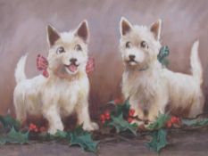 A STUDY OF TWO TERRIERS AMONGST HOLLY LEAVES, indistinctly signed lower left, watercolour and