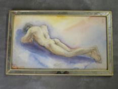 A 20TH CENTURY STUDY OF A MALE NUDE, indistinctly signed lower right, watercolour, framed and