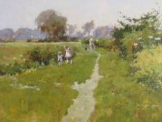 JOHN HASKINS (b. 1938). A rural landscape with figures and dog 'Along The Hedgerow', see verso,