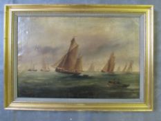 A 19TH CENTURY CONTINENTAL STORMY COASTAL SEASCAPE, with steamship, sailing vessels and figures in a