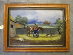 A 19TH CENTURY NAIVE SCHOOL REVERSE GLASS PAINTING, a farmyard scene with milkmaid, cow, chickens