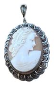 gr. Muschelcamee Anhänger in Silber-835- Fassung, Frauenportrait, 6x3,5 cm