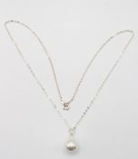 925er Halskette mit Tropfenperle (Muschelkern), zus. 4,5gr., L-40cm Anh. L-2cm