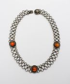 Collier-Kette, 835er Silber, mir 3 Bernsteinen, 56,4gr., L-41,5cm