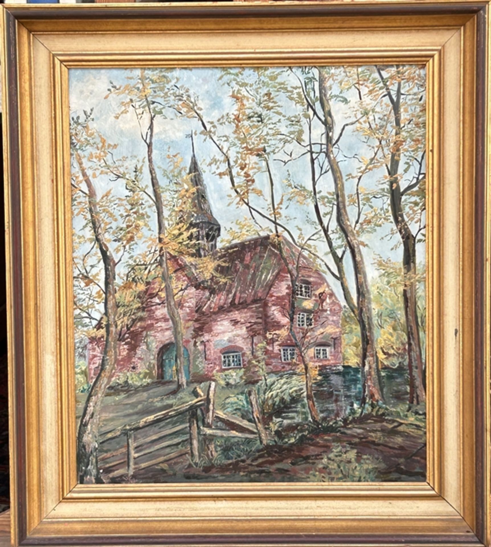 anonymer Dömänenhof oder ähnliches? Öl/Platte, gerahmt, RG 61x53 cm - Bild 2 aus 3