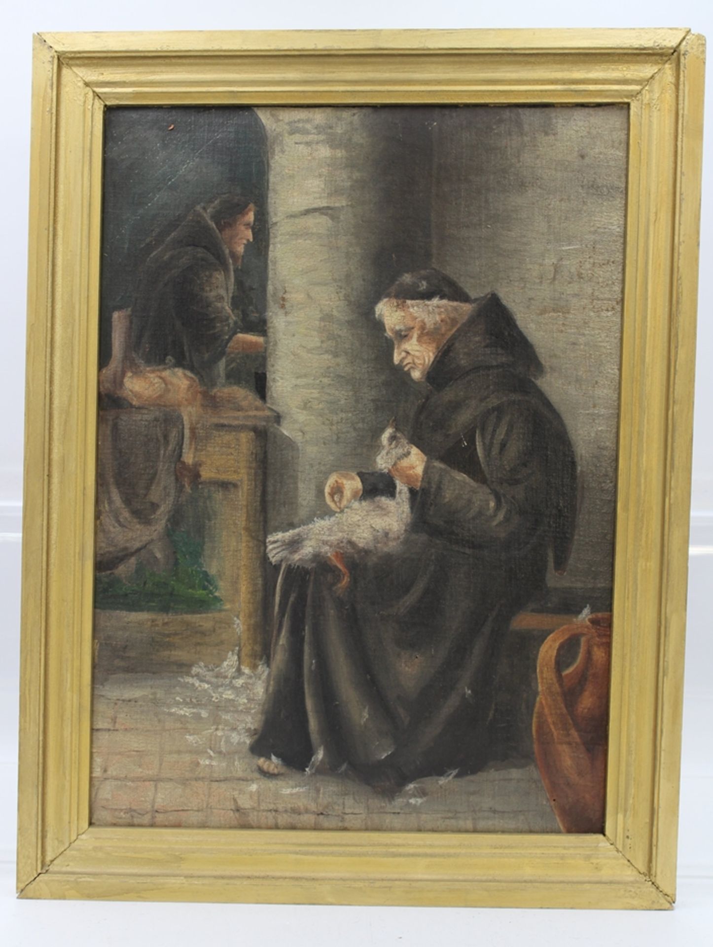 unsigniert, Mönch beim Gänse rupfen, Öl/Leinwand, gerahmt, RG 52 x 39,5cm - Bild 2 aus 3