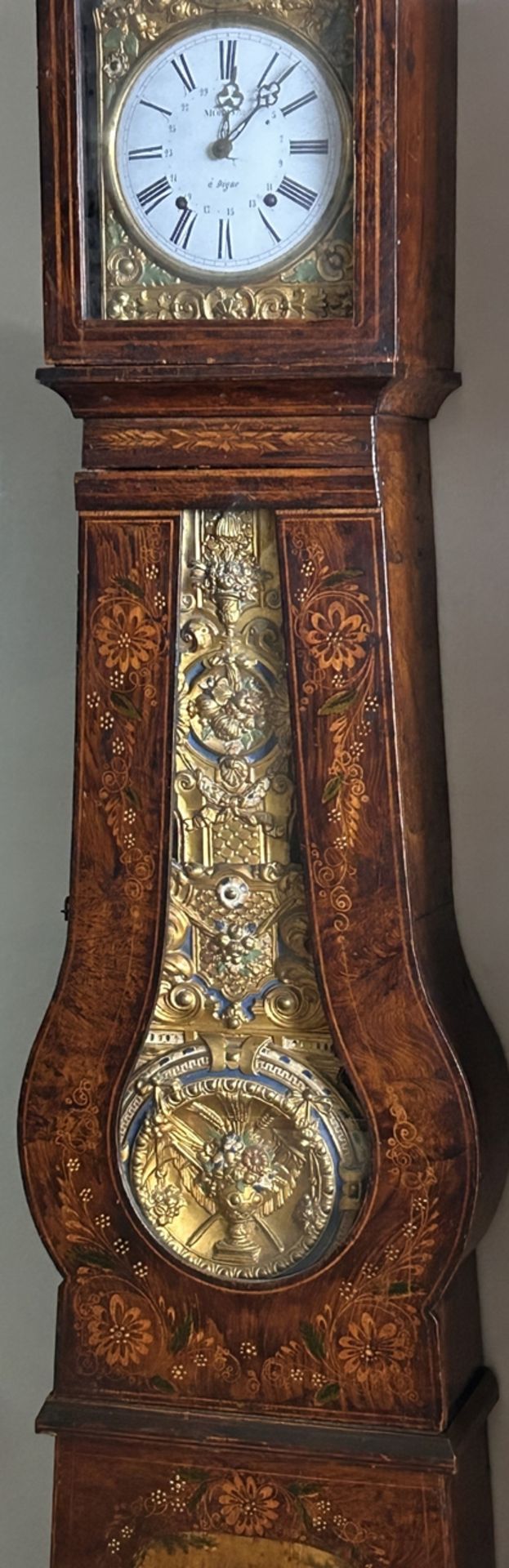 Comtoise Standuhr um 1850-1880 , Holz reich intarsiert, Prunkpendel und 2 Eisengewichte, Werk läuft - Bild 4 aus 8