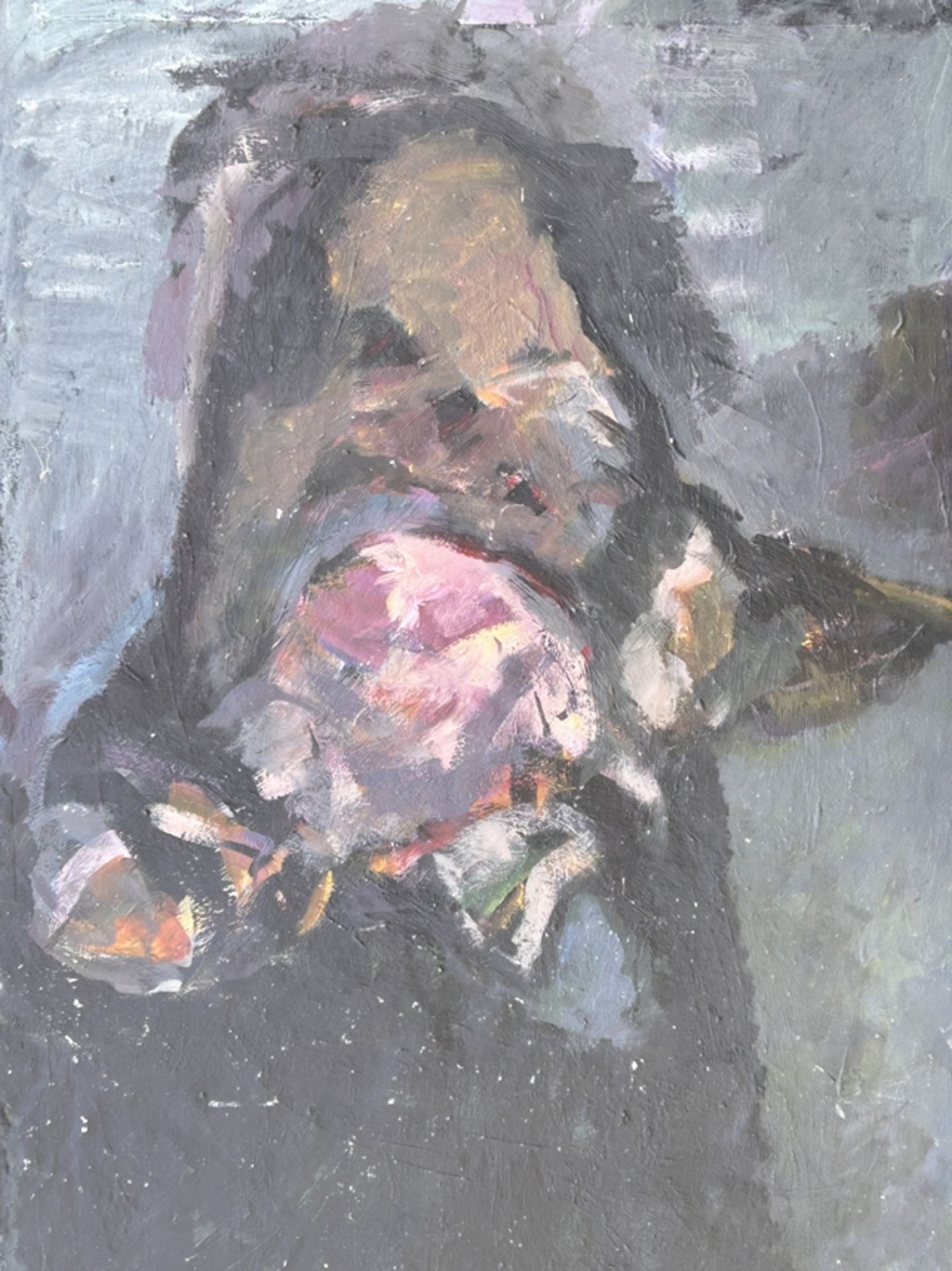 gr. anonymes abstraktes Ölgemälde auf Hatzfaser, 101x77  cm (Sperrgut)