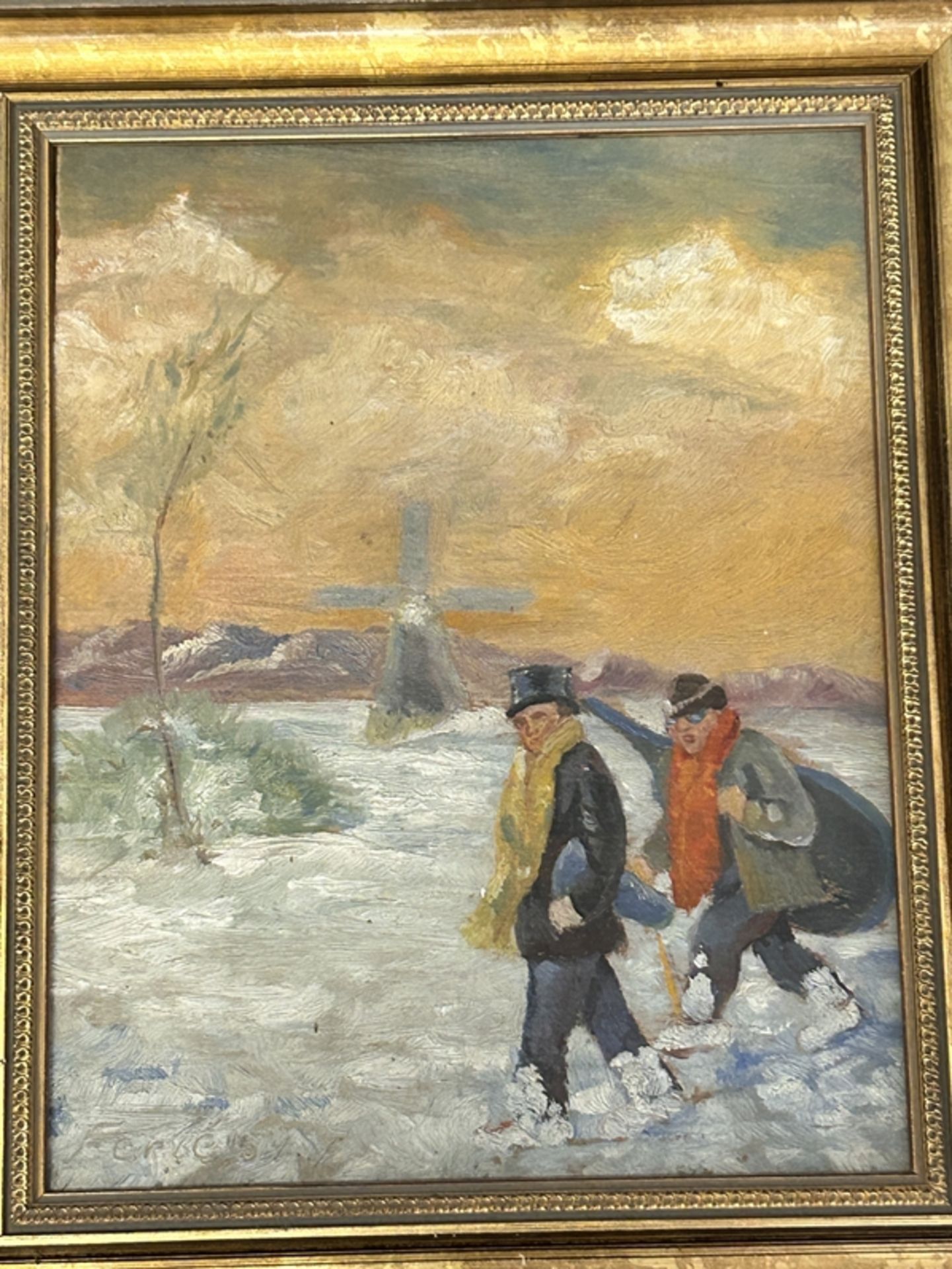 unleser. signiert, (19)54, "Zwei Männer im Schnee" Öl/Holz, gerahmt, RG 37x31 cm - Bild 2 aus 4