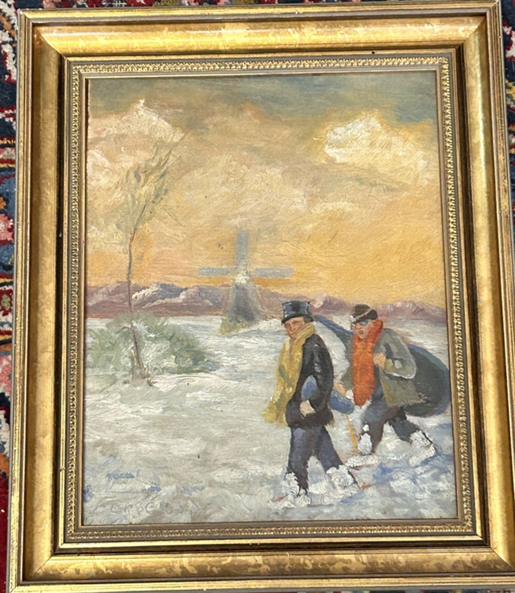 unleser. signiert, (19)54, "Zwei Männer im Schnee" Öl/Holz, gerahmt, RG 37x31 cm