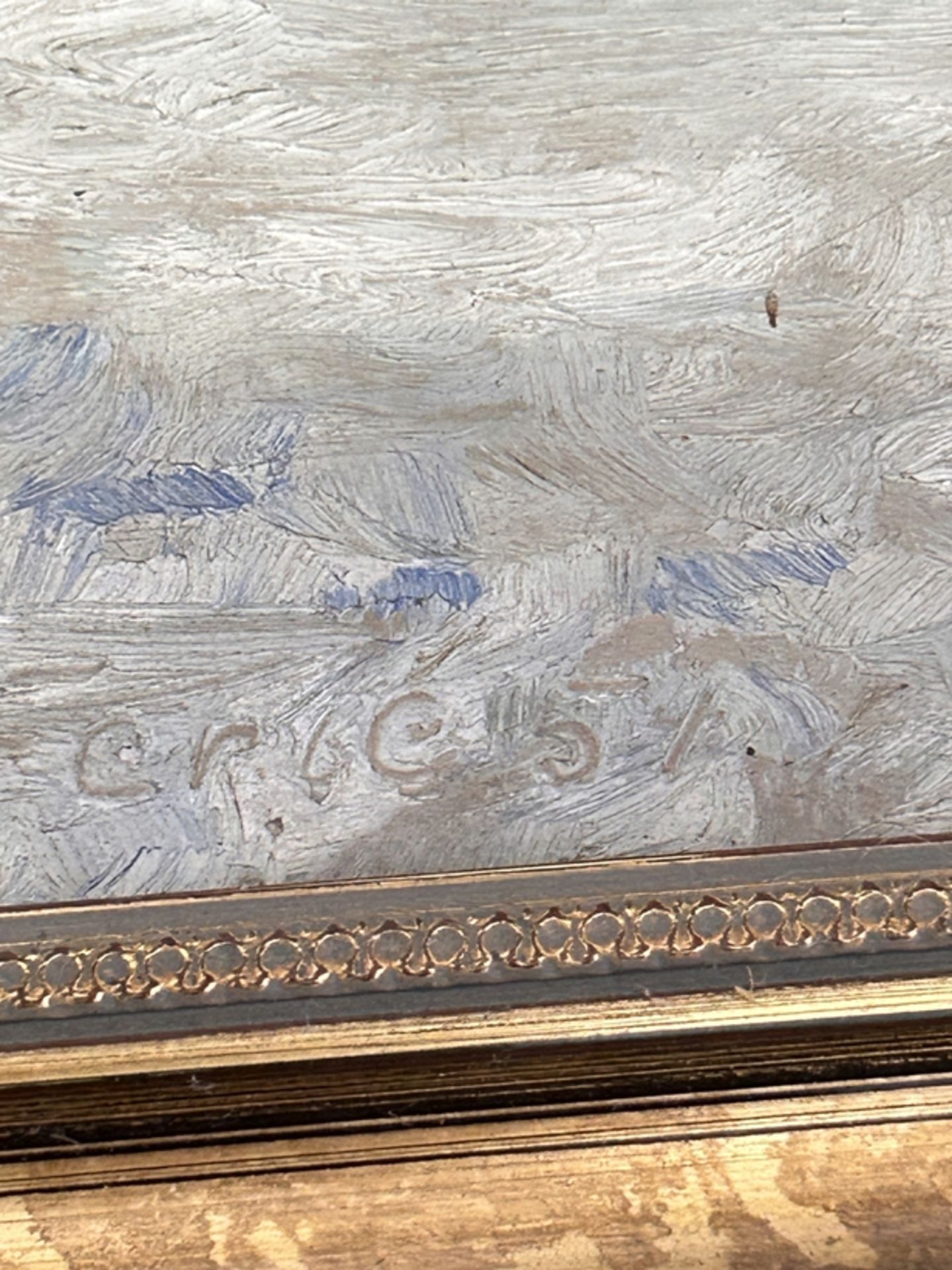 unleser. signiert, (19)54, "Zwei Männer im Schnee" Öl/Holz, gerahmt, RG 37x31 cm - Bild 3 aus 4