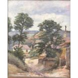 unleserl. sign. Gemälde "Häuser" Öl/Leinen, alt gerahmt, RG ca. 80x68 cm