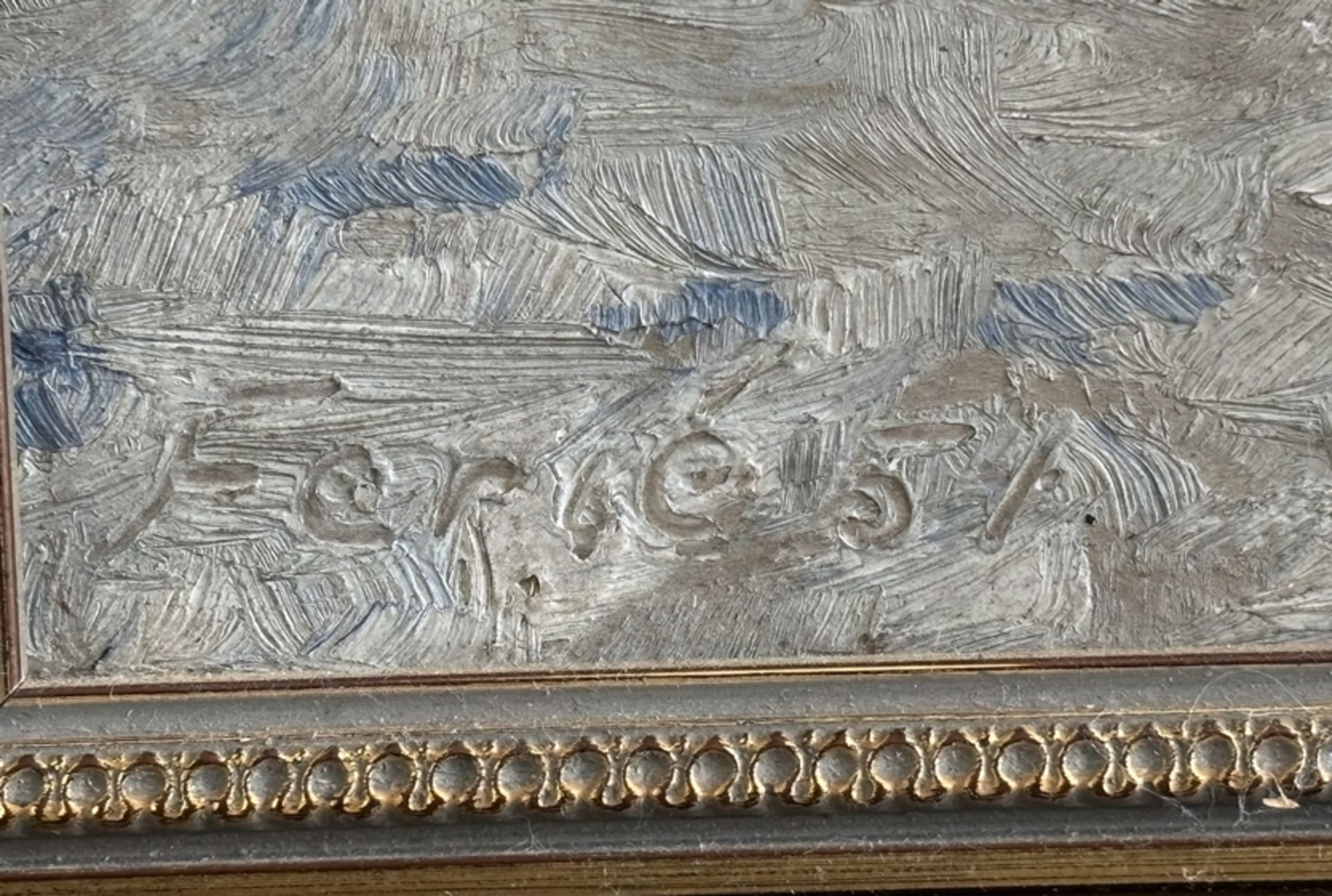 unleser. signiert, (19)54, "Zwei Männer im Schnee" Öl/Holz, gerahmt, RG 37x31 cm - Bild 4 aus 4