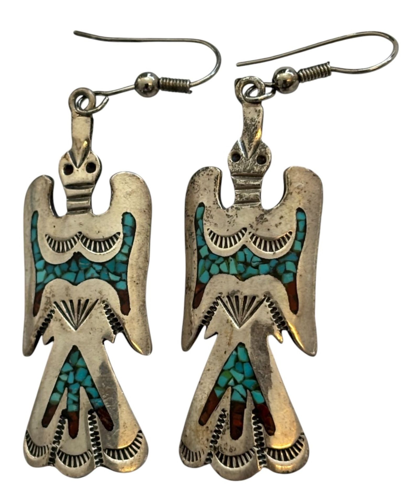 Paar gr. Ohrhänger in Vogelform, Sterling Silber mit Türkis-Einlagen, H-ca. 6 cm, ca. 10 gr