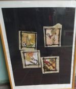 4x kl. Lithografienen in einem Rahmen, unleserl. signiert, RG 77x57 cm