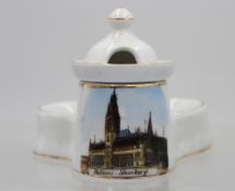 3passige Menage, ungemarkt, älter, Ansicht Rathaus Hamburg, ca. H-9,5cm B-12,5cm