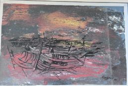 unleserl. signierte Lithografie "Boote", ger/Glas, RG 45x57 cm