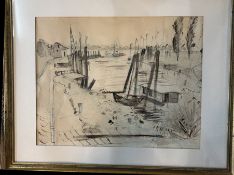 Hafensze, Sepiazeichnung, wohl unter PP signiert, gut gerahmt, RG 58x70 cm