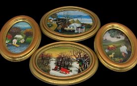 4x ovale naive Kunstdrucke, ca. je 20x16 cm