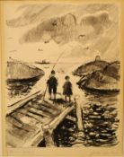 unleserl. signiert, Kinder beim Fischen, wohl Skandinavien, Lithographie, gerahmt, RG 65x54 cm