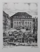 W.Peters, Rathaus und Markt in Bonn, Radierung, ger./Glas, RG 34 x 28cm