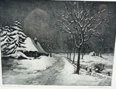 Anna FELDHUSEN (1867-1951) "Moorkate im Schnee", Aquatinta Radierung von..., gut gerahmt/Glas, RG