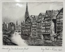 Fischer Radierung "Hamburg Deichstrassenfleet", ger/Glas, RG 16x21 cm